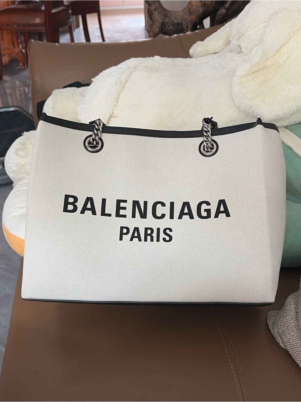 Balenciaga Canvas Tote in Cream with Black Logo and Trim